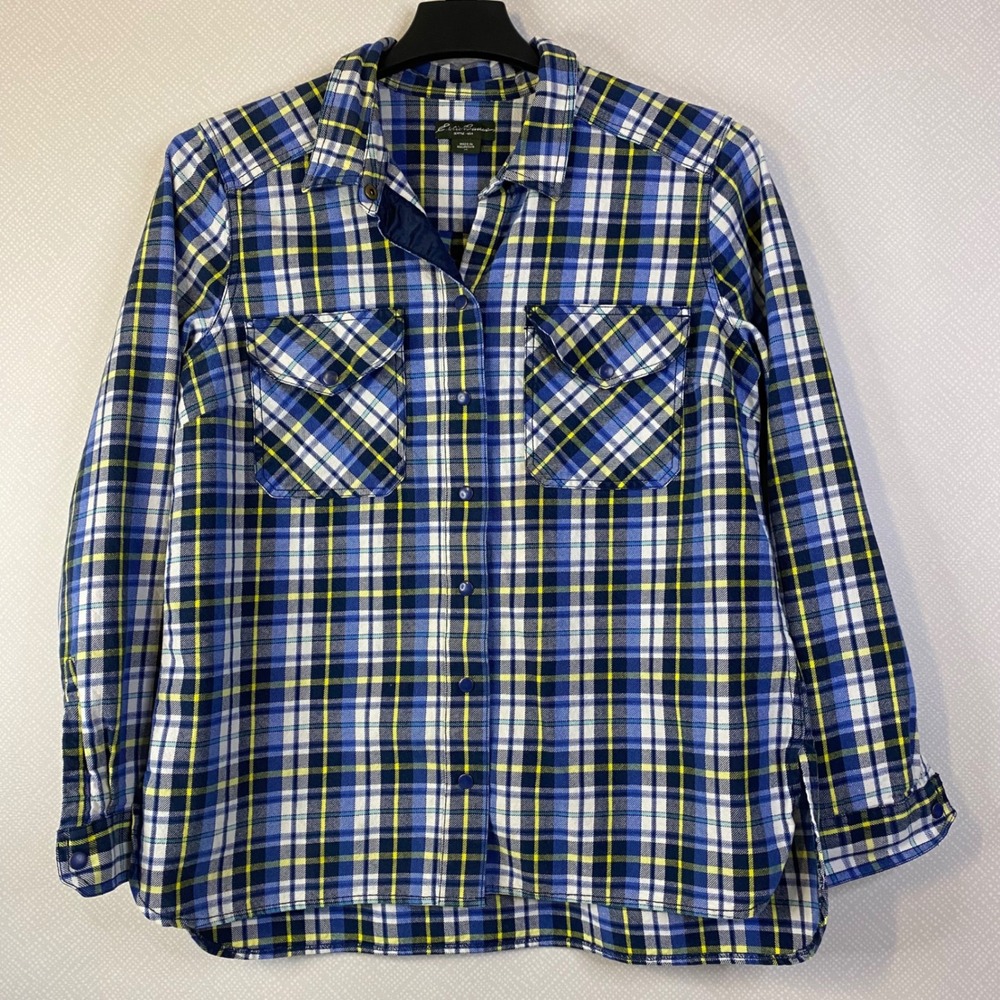 Eddie Bauer Plaid Button Up Shirt Womens XL Blue Yellow Long Sleeve Flannel*FLAW